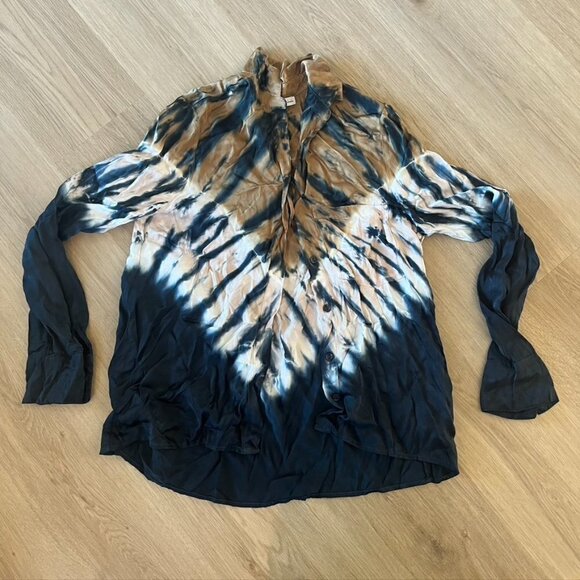 YOUNG FABULOUS & BROKE Womens Small Blue Brown Tie Dye Long Sleeve Button-Up Top - Picture 2 of 11